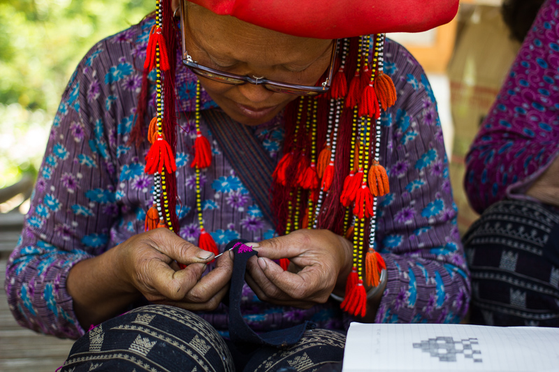 Red Dao custom embroidery space invader in Sapa, Vietnam