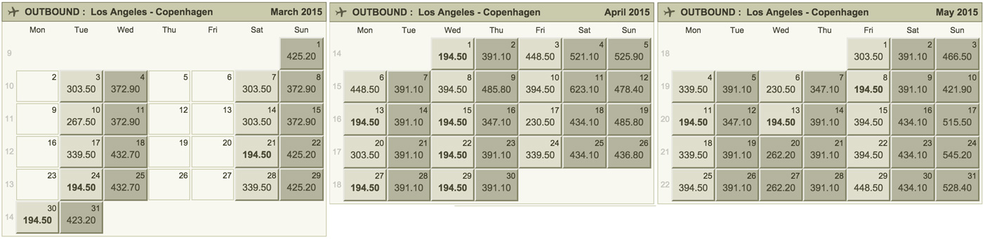 Norwegian fare calendar spring 2015 LA to Copenhagen