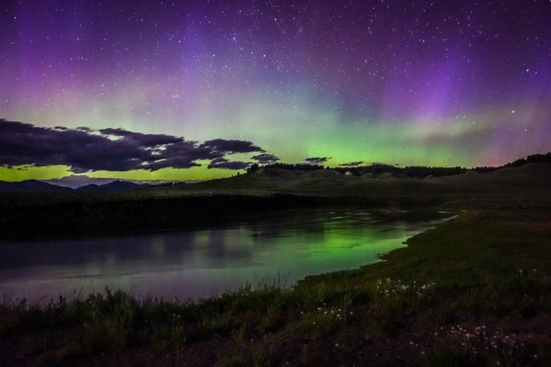 The Northern Lights (Aurora Borealis) in Yellowstone National Park, Wyoming, USA