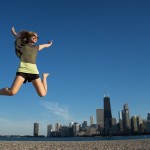 Diana jumping in front of Chicago skyline