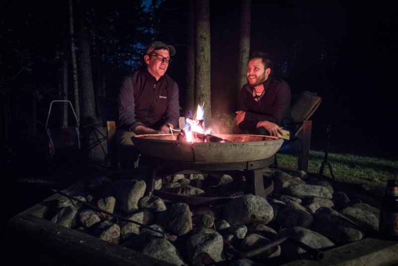 Ian and Tim chatting by the fire in the Adirondacks
