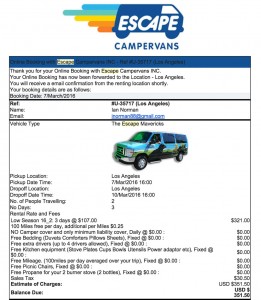 Escape Campervans 3-day booking email confirmation