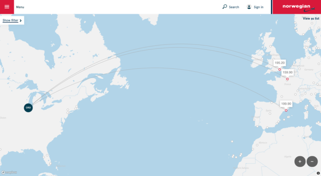 Norwegian Air route map