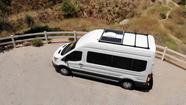 Solar panels and 80/20 roof rack on our Ford Transit campervan